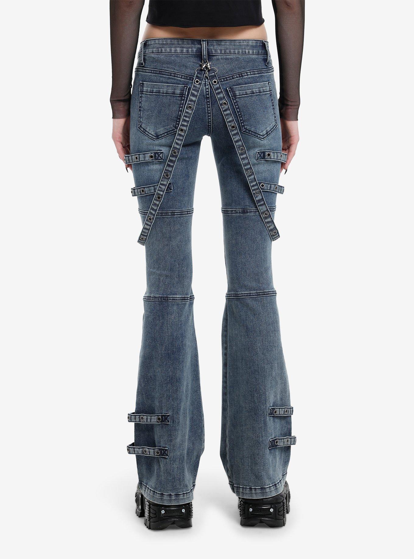 Dark Blue Grommet Tape Low-Rise Bootcut Jeans, , hi-res