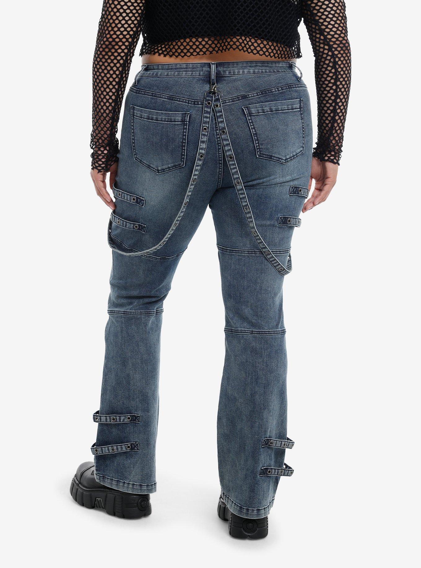 Dark Blue Grommet Tape Low-Rise Girls Bootcut Jeans Plus Size, , hi-res