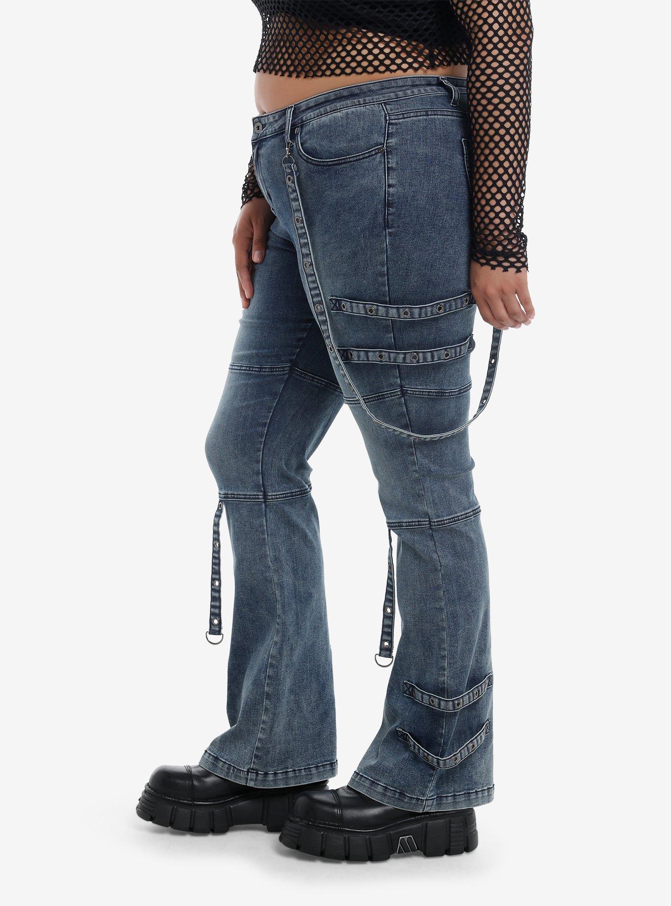 Dark Blue Grommet Tape Low-Rise Girls Bootcut Jeans Plus Size, BLUE, alternate