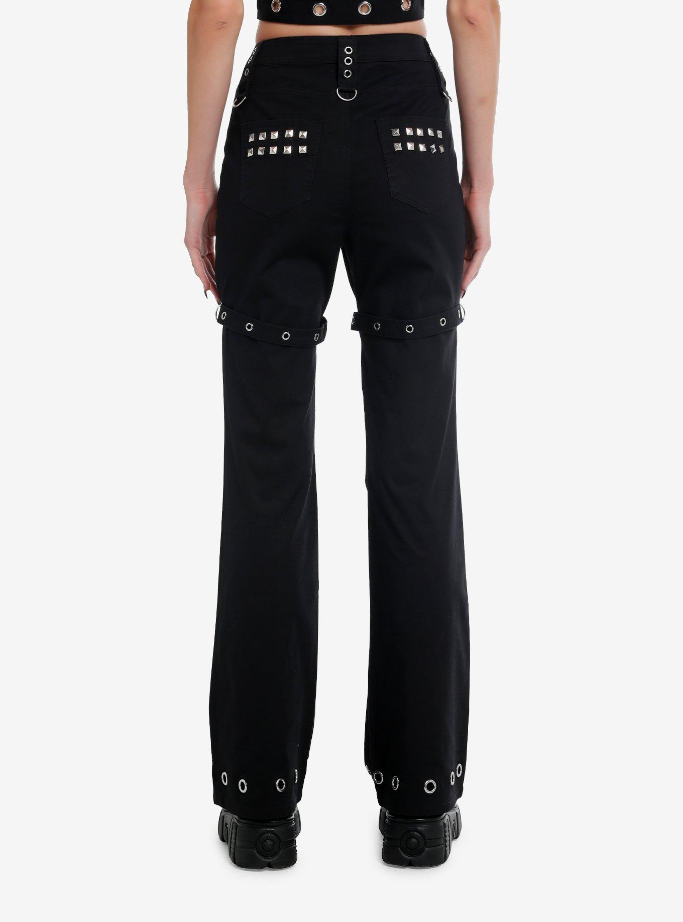 Black Grommet Zipper Flare Pants, , hi-res