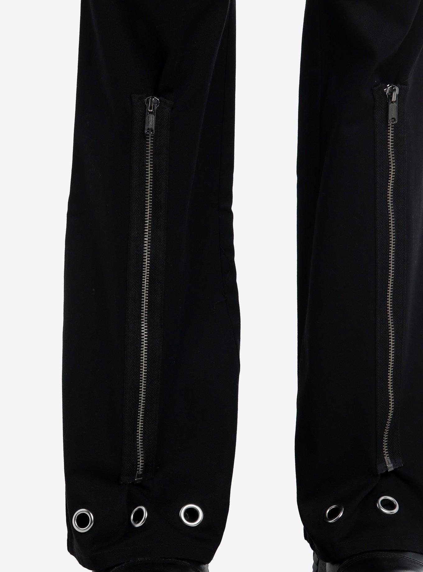 Black Grommet Zipper Flare Pants, BLACK, alternate