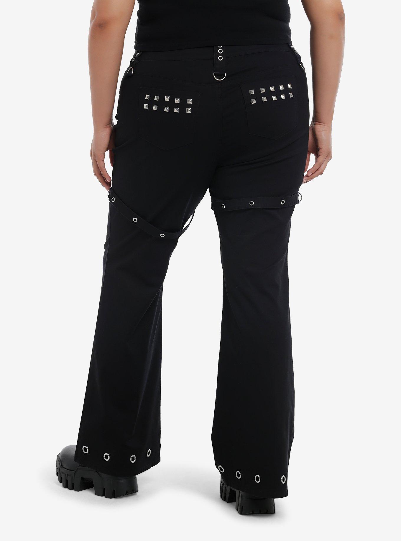 Black Grommet Zipper Flare Pants Plus Size, BLACK, alternate