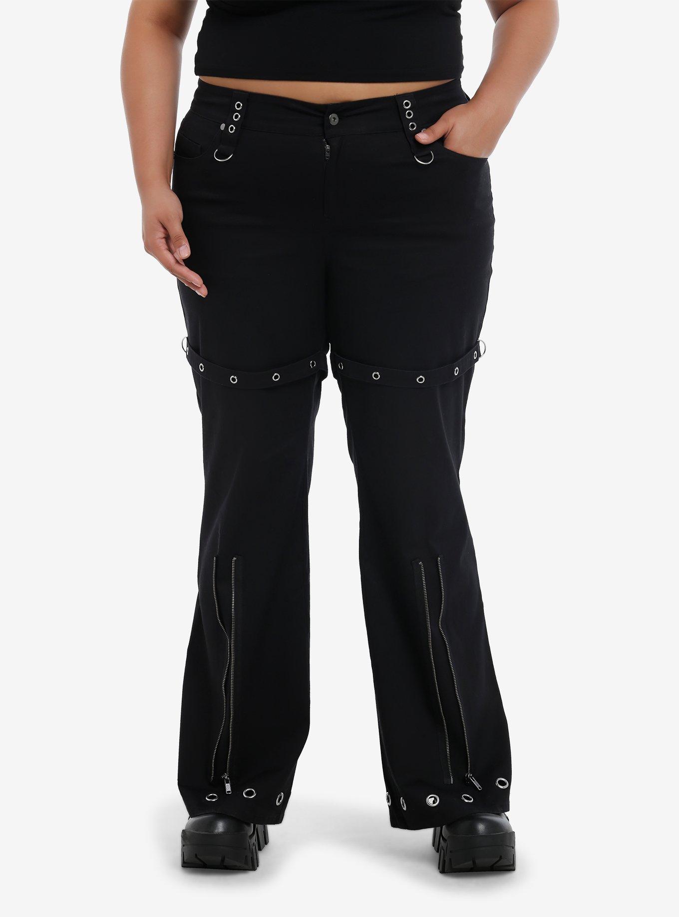 Black Grommet Zipper Flare Pants Plus Size, BLACK, alternate