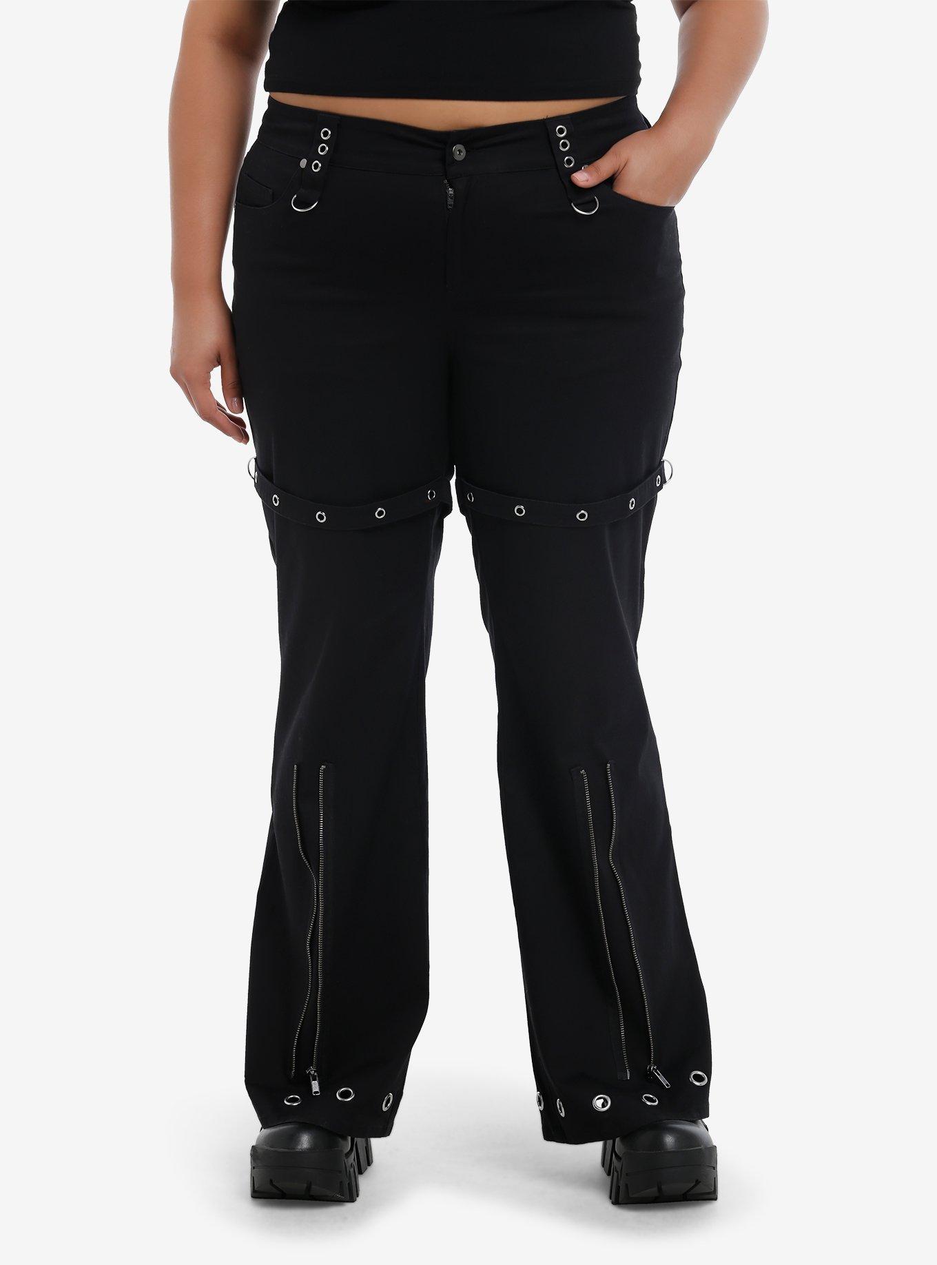 Black Grommet Zipper Flare Pants Plus Size, BLACK, alternate