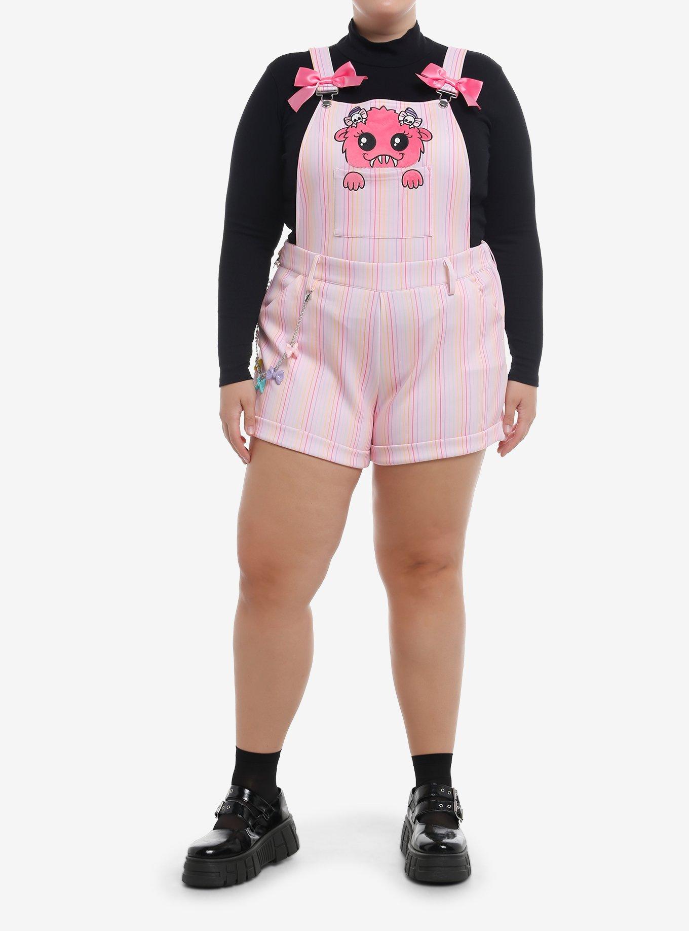 Sweet Society Monster Pastel Stripe Bow Shortalls With Chain Plus Size, MULTI, alternate