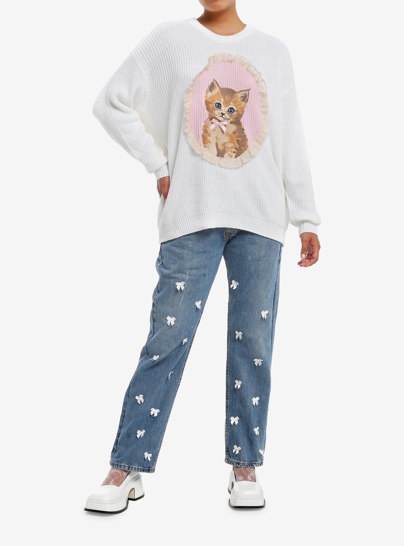 Sweet Society Kitten Portrait Knit Girls Oversized Sweater, , hi-res