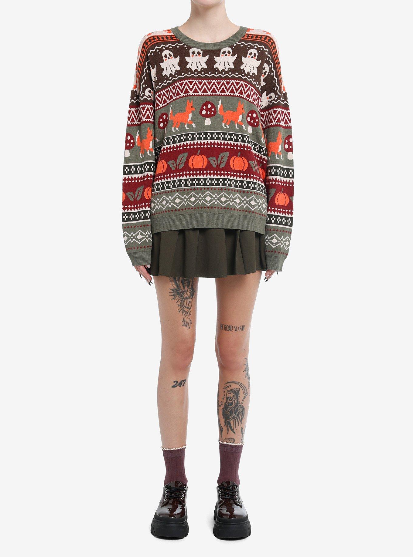 Thorn & Fable Ghosts & Foxes Girls Sweater, GREEN, alternate