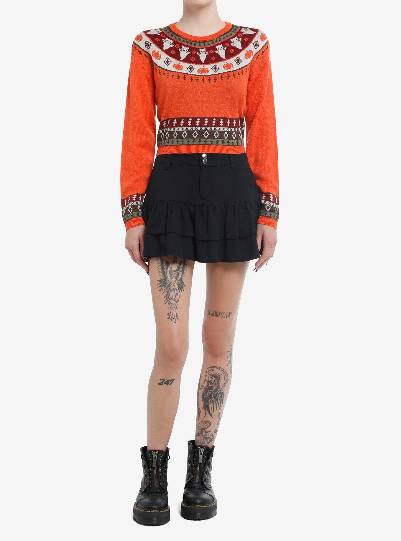 Thorn & Fable Cat Ghosts & Pumpkins Girls Crop Sweater, GREEN, alternate