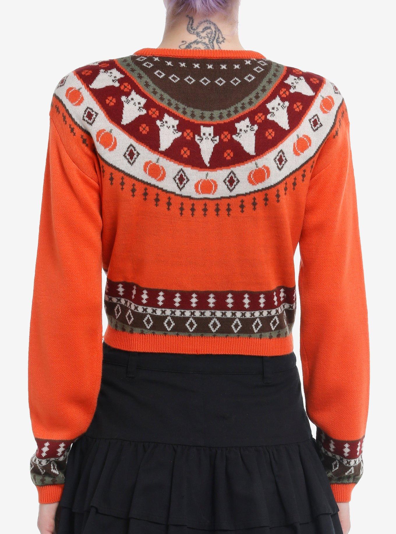 Thorn & Fable Cat Ghosts & Pumpkins Girls Crop Sweater, GREEN, alternate