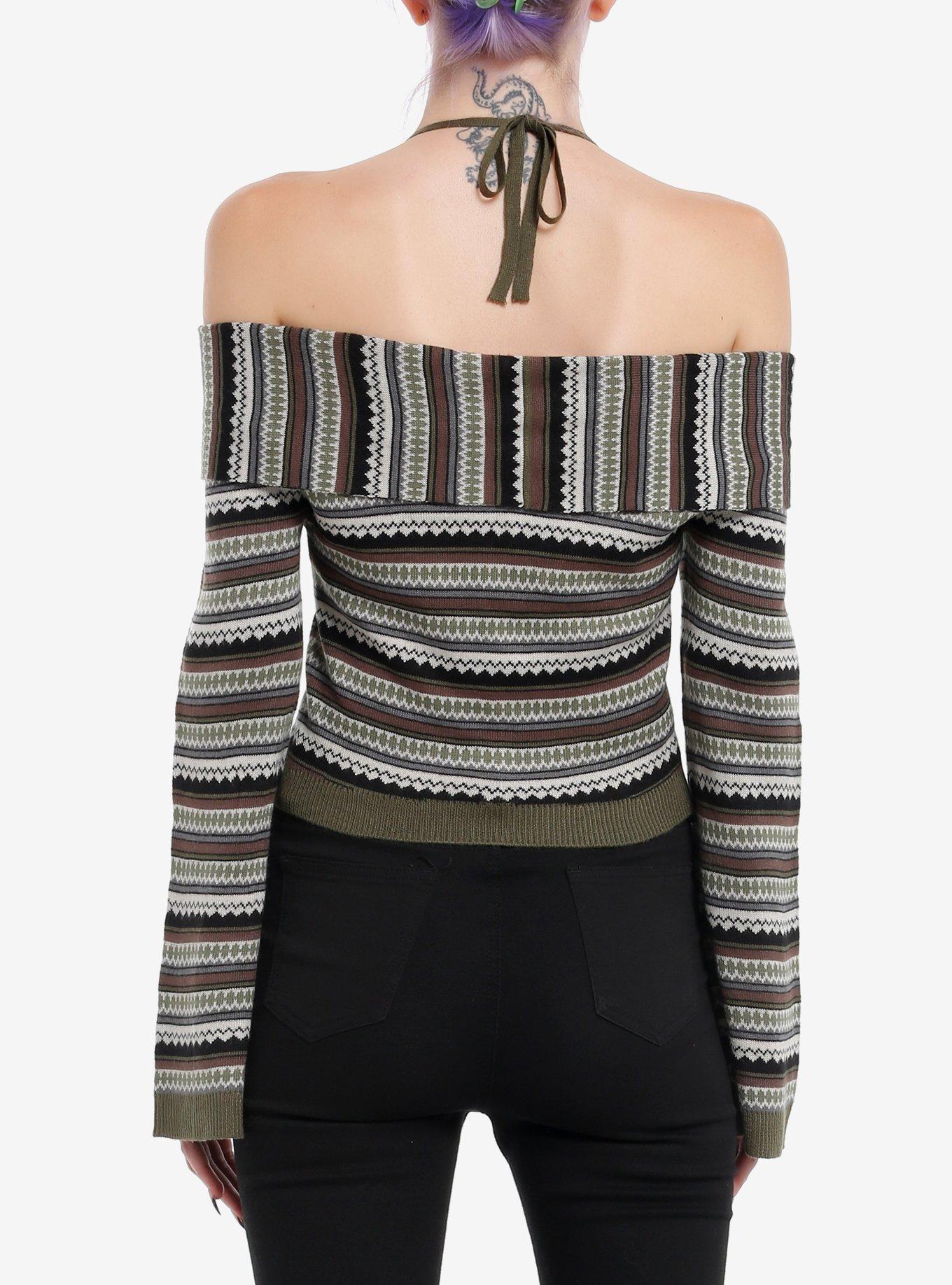 Thorn & Fable Green & Brown Stripe Girls Halter Long-Sleeve Top, BROWN, alternate