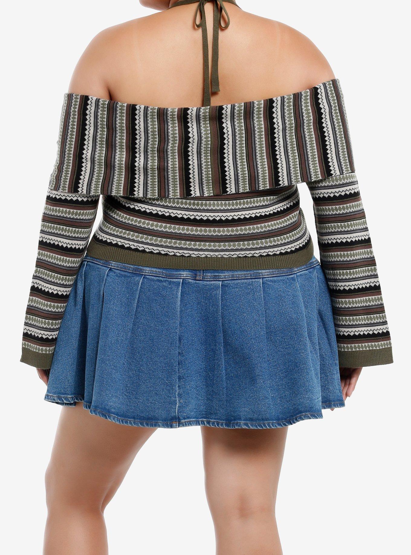 Thorn & Fable Green & Brown Stripe Girls Halter Long-Sleeve Top Plus Size, BROWN, alternate