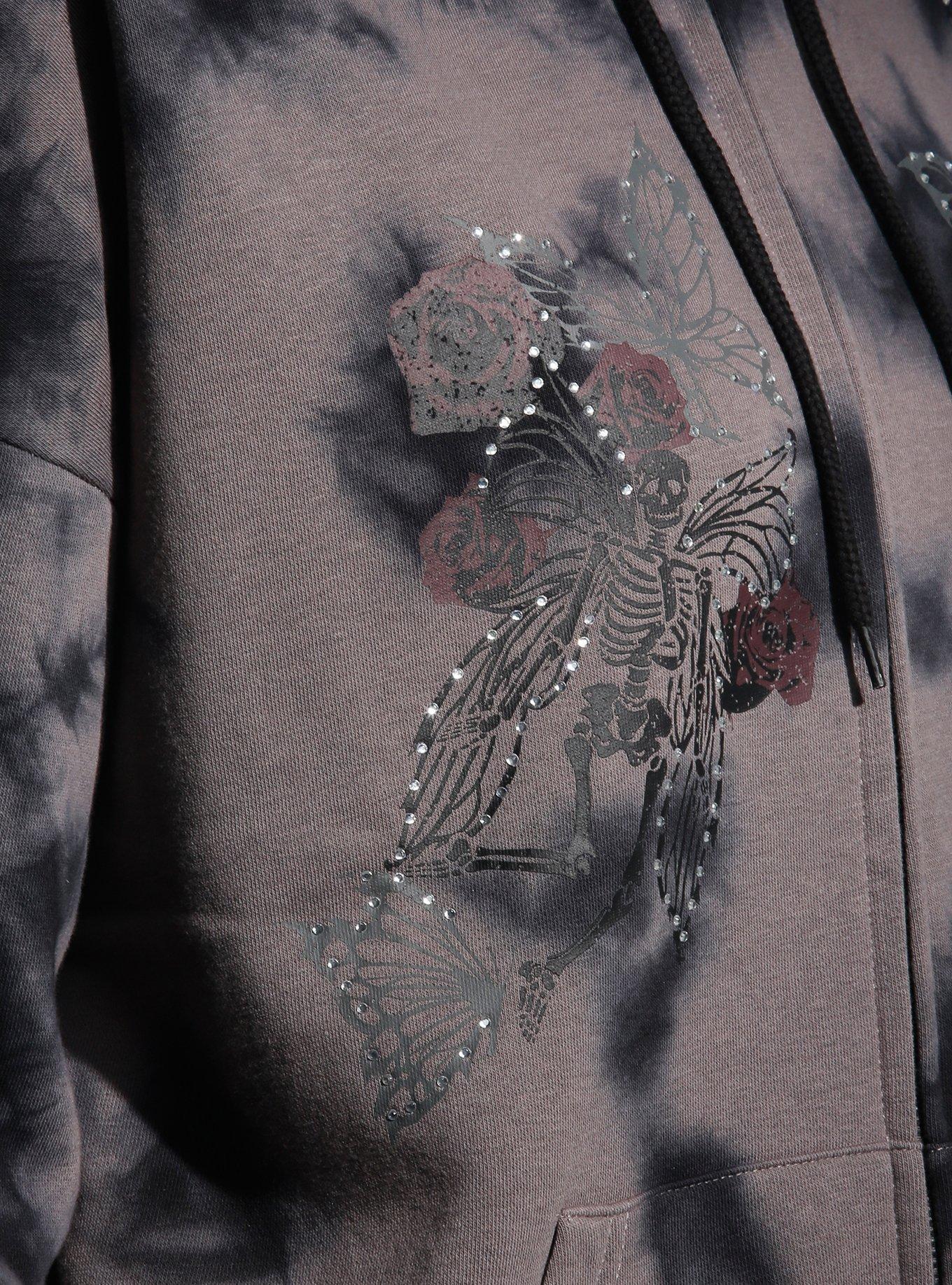 Thorn & Fable Skeleton Fairy Rhinestone Tie-Dye Girls Hoodie, BLACK, alternate