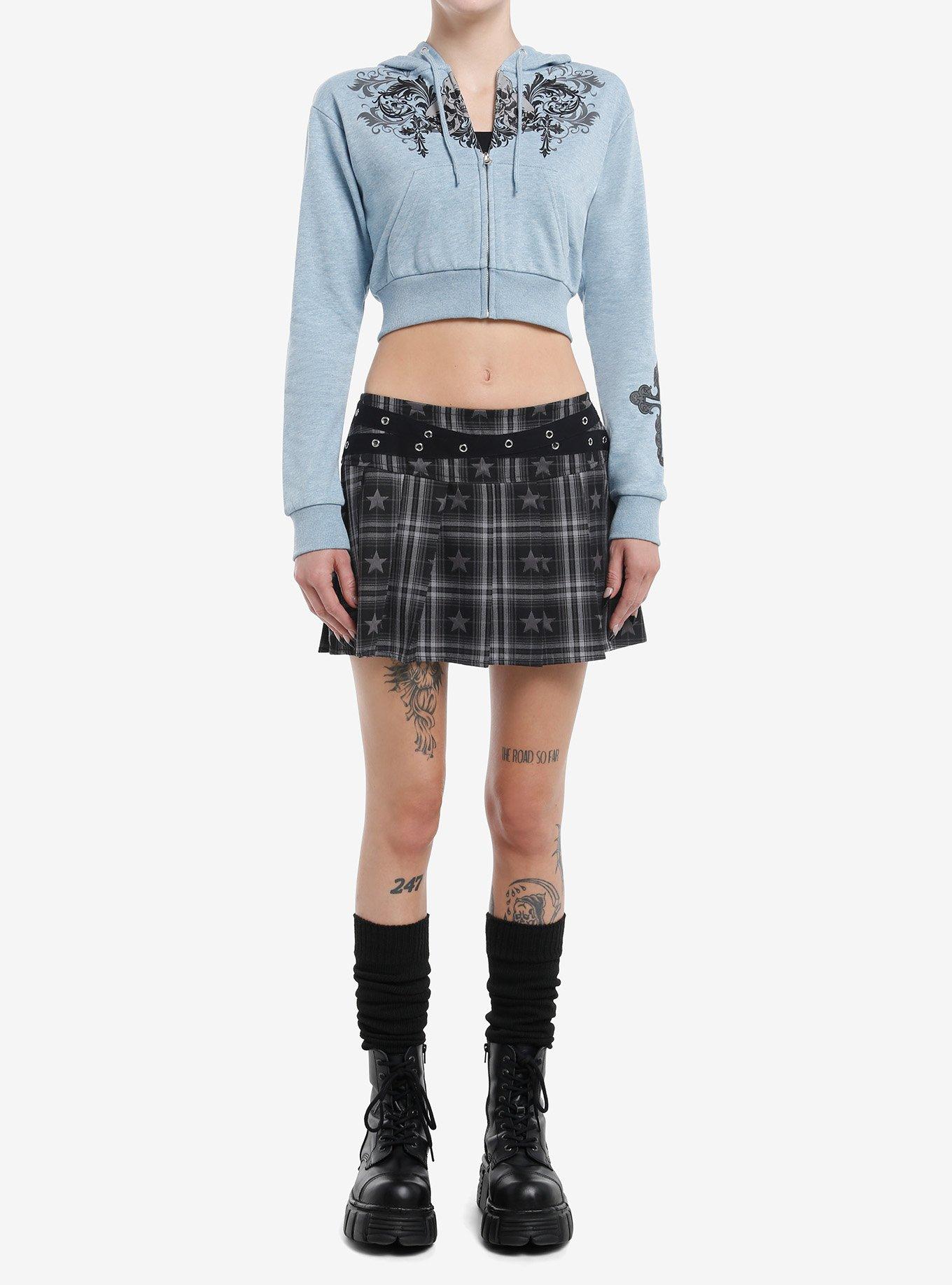 Social Collision Blue Grey Skull Girls Crop Hoodie, , hi-res