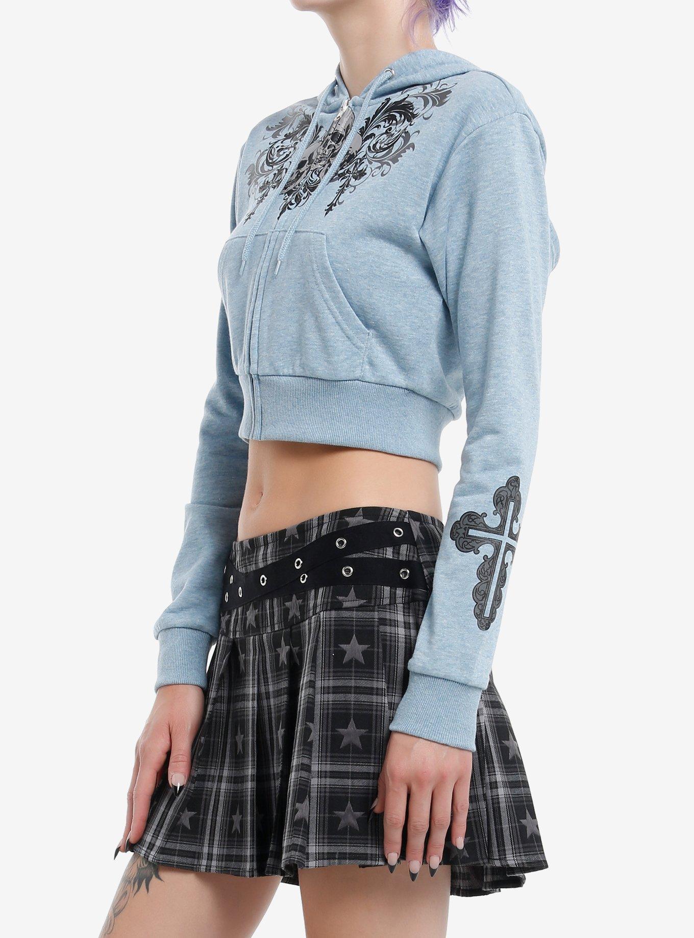 Social Collision Blue Grey Skull Girls Crop Hoodie, BLACK, alternate