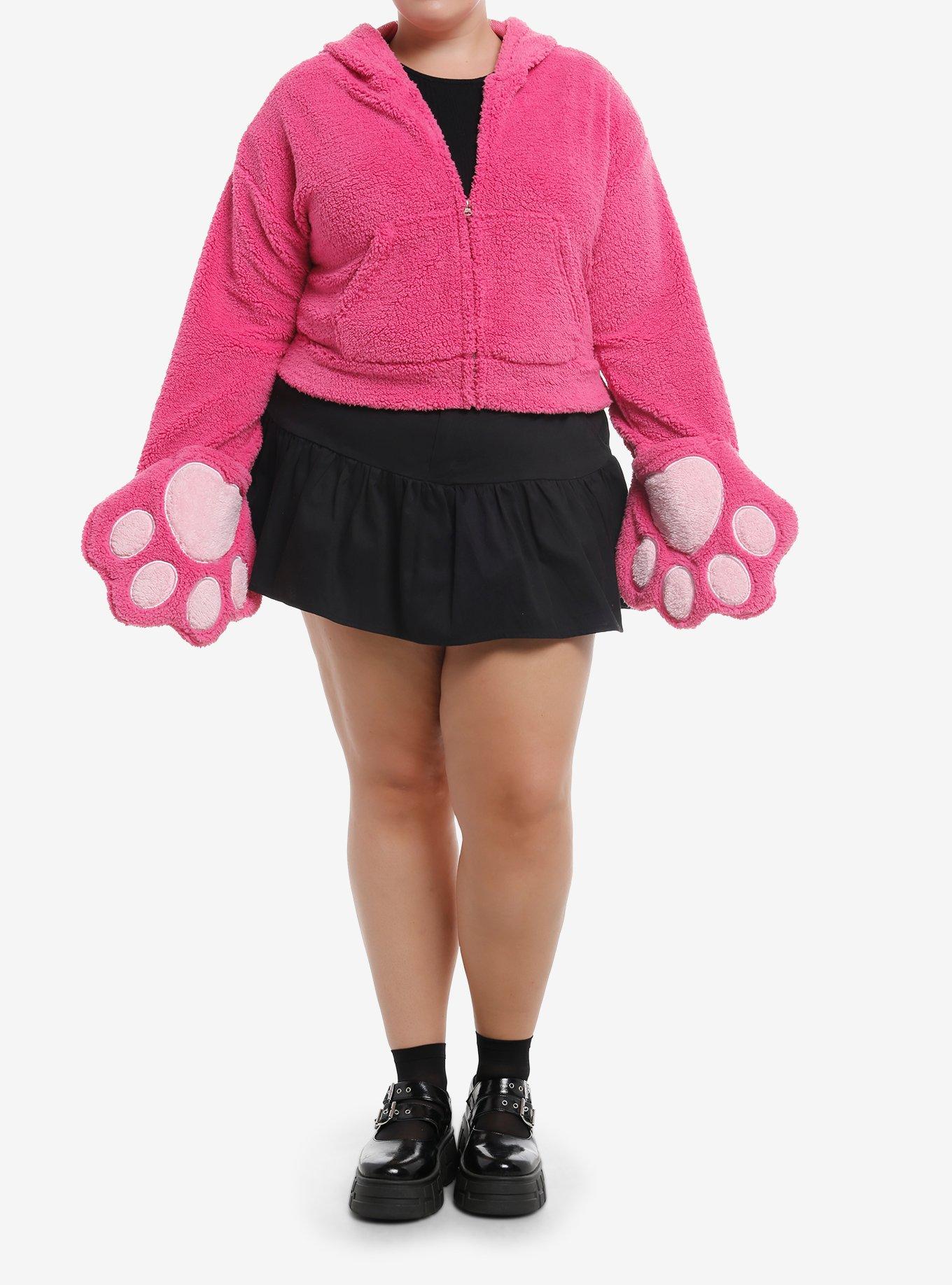 Sweet Society Fuzzy Pink Monster Paw Girls Crop Hoodie Plus