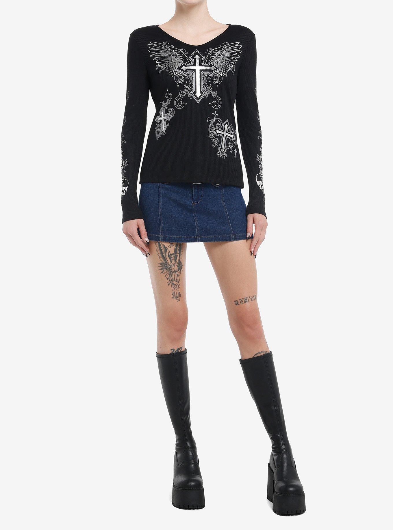 Social Collision Winged Cross Silver Foil Girls Long-Sleeve Top, , hi-res