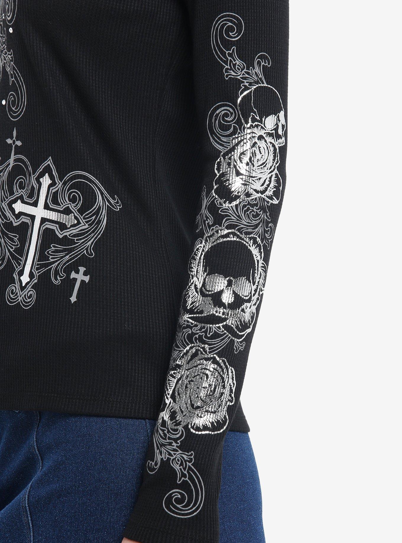 Social Collision Winged Cross Silver Foil Girls Long-Sleeve Top, SILVER, alternate