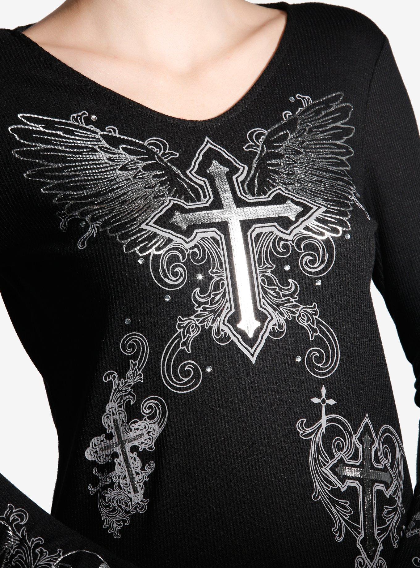 Social Collision Winged Cross Silver Foil Girls Long-Sleeve Top, SILVER, alternate