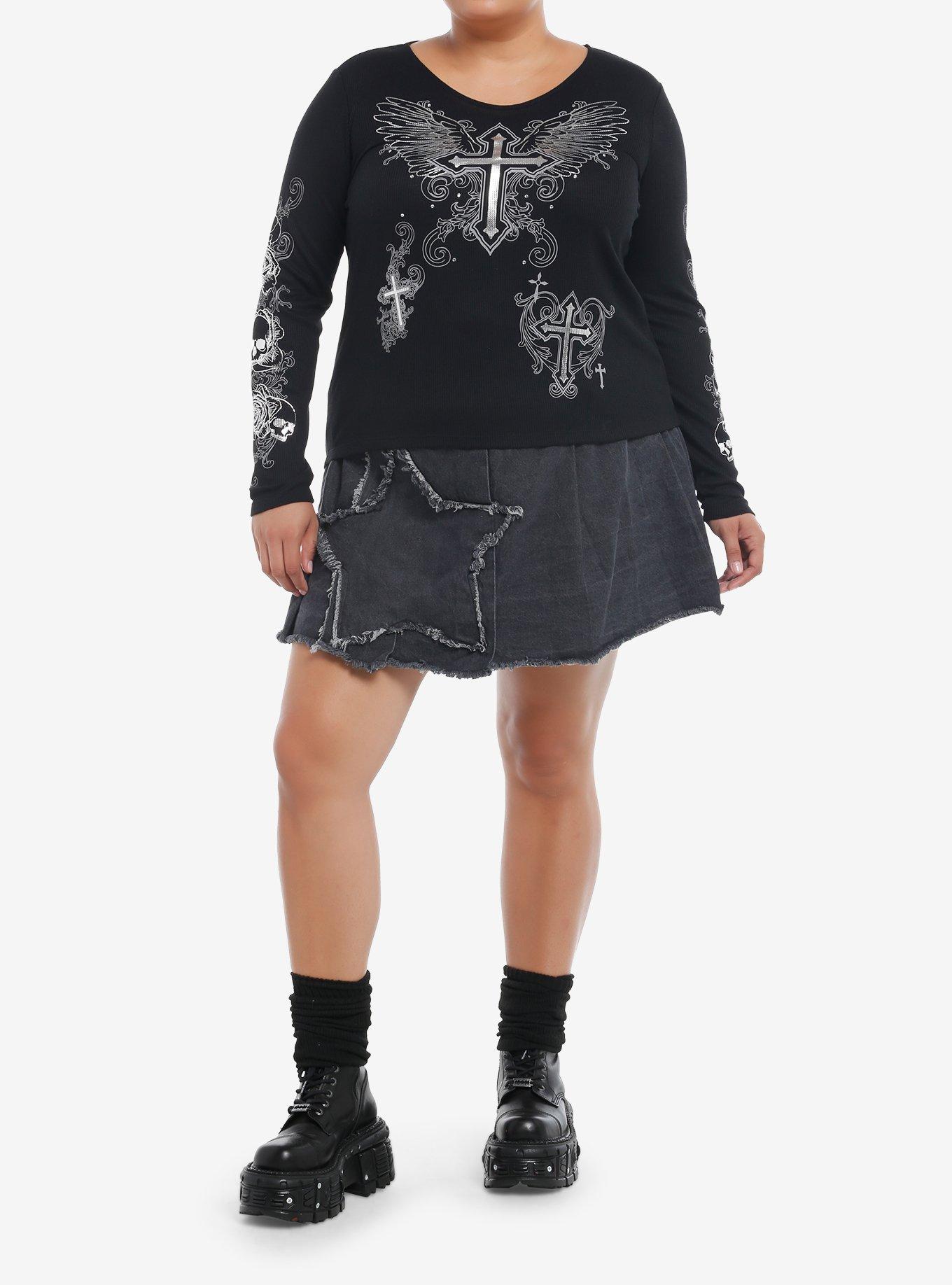 Social Collision Winged Cross Silver Foil Girls Long-Sleeve Top Plus