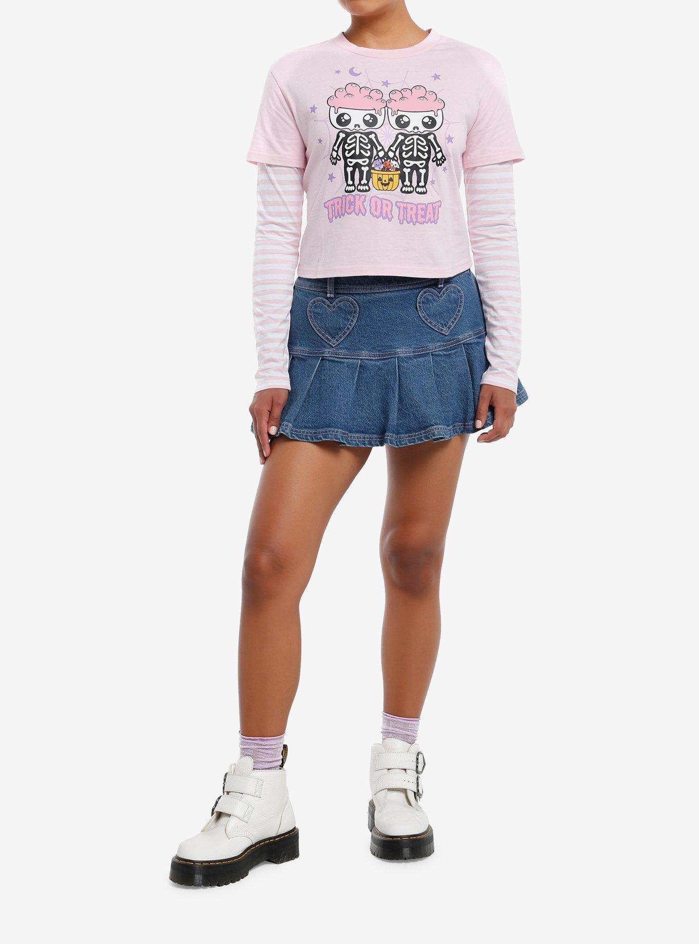 Sweet Society Skeleton Pink Stripe Girls Twofer Long-Sleeve, , hi-res