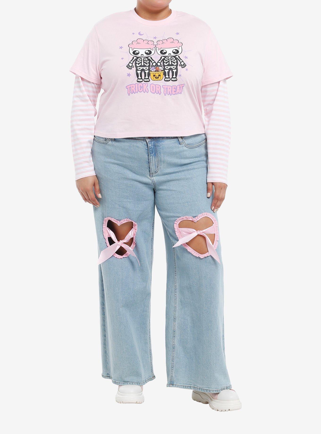 Sweet Society Skeleton Pink Stripe Girls Twofer Long-Sleeve T-Shirt Plus Size, , hi-res