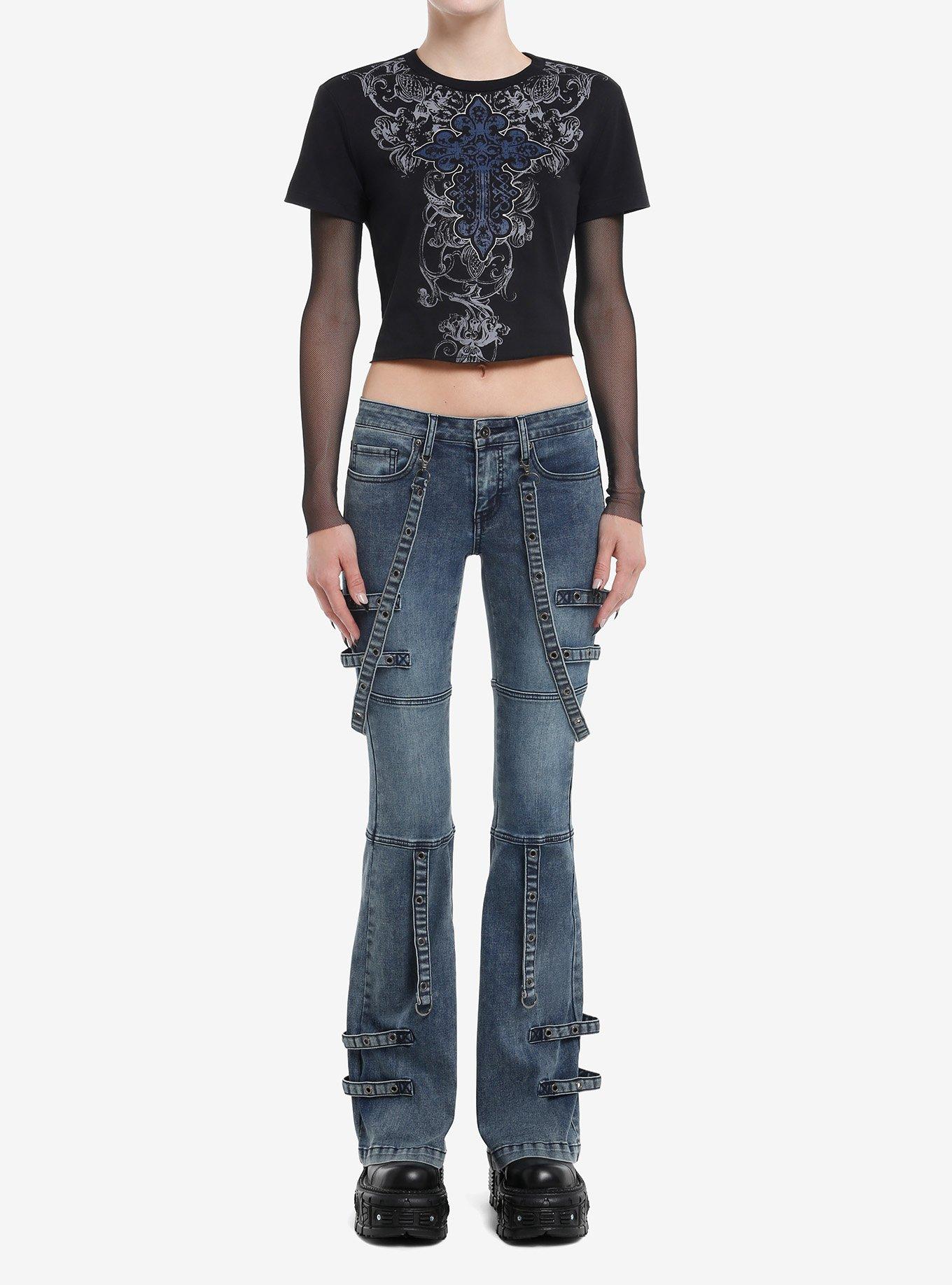Social Collision Gothic Cross & Fishnet Girls Twofer Long-Sleeve Top, , hi-res