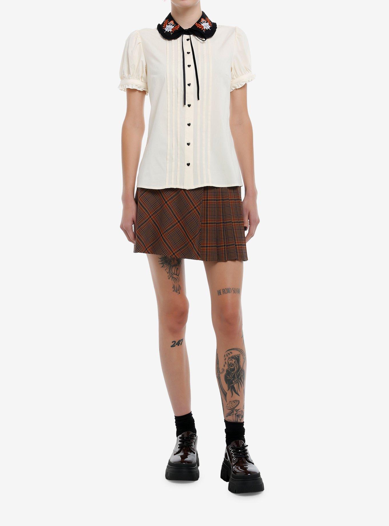 Thorn & Fable Mushroom Ghosts Puff-Sleeve Girls Woven Button-Up, BLACK, alternate