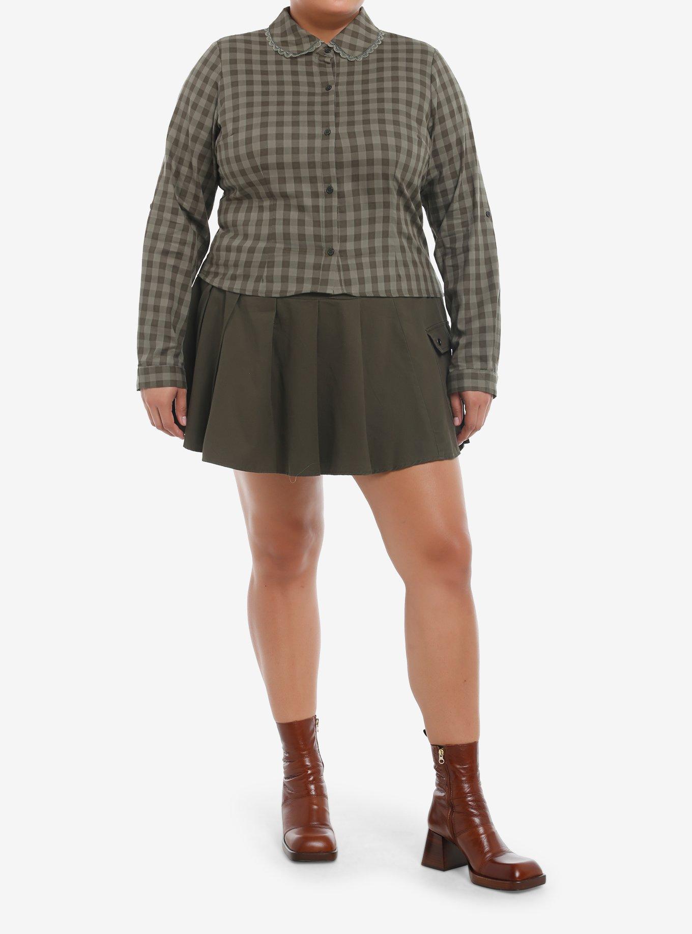 Thorn & Fable Green Checkered Girls Crop Long-Sleeve Button-Up Plus Size, , hi-res