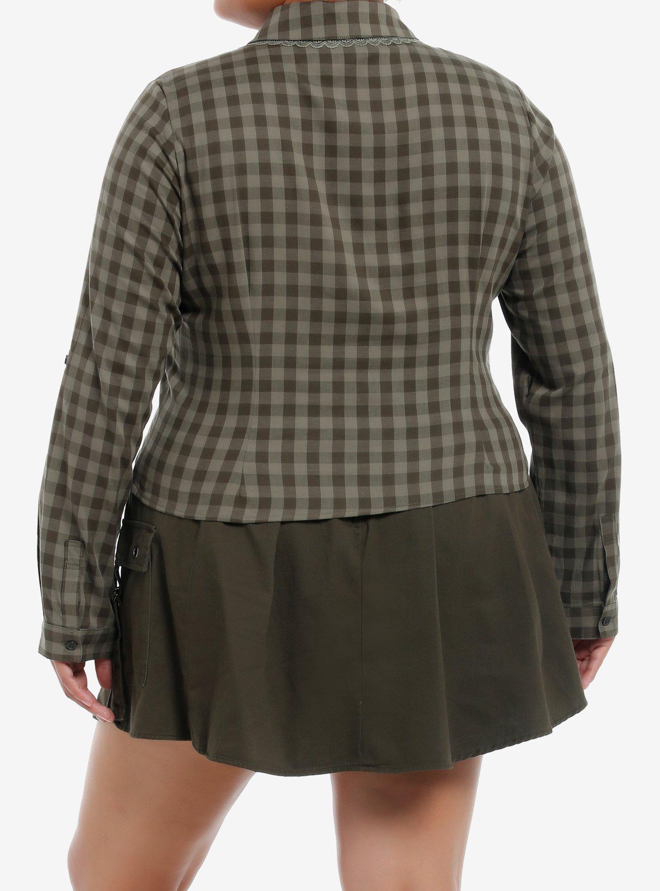 Thorn & Fable Green Checkered Girls Crop Long-Sleeve Button-Up Plus Size, BLACK, alternate
