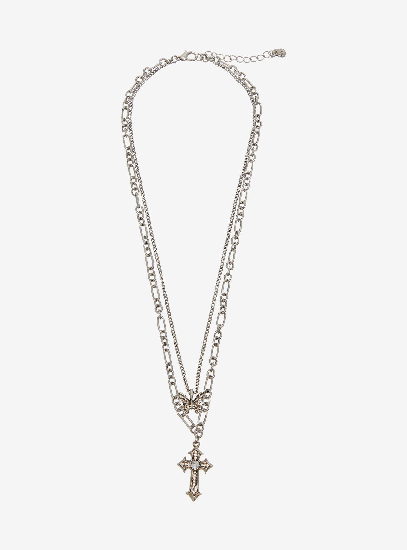 Social Collision Butterfly Cross Layered Necklace, , hi-res