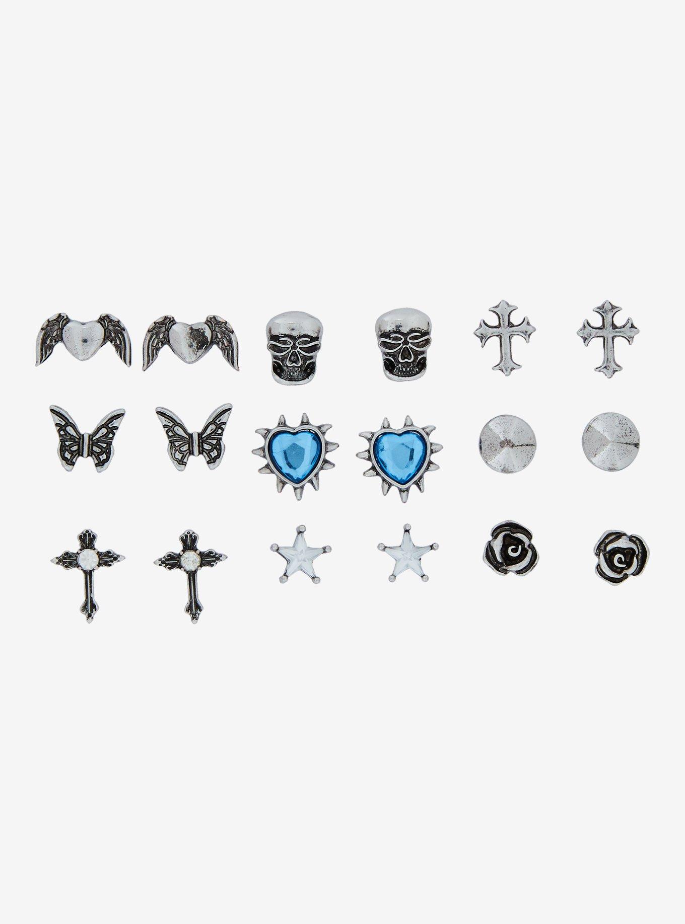 Social Collision Skull Cross Heart Stud Earring Set, , alternate