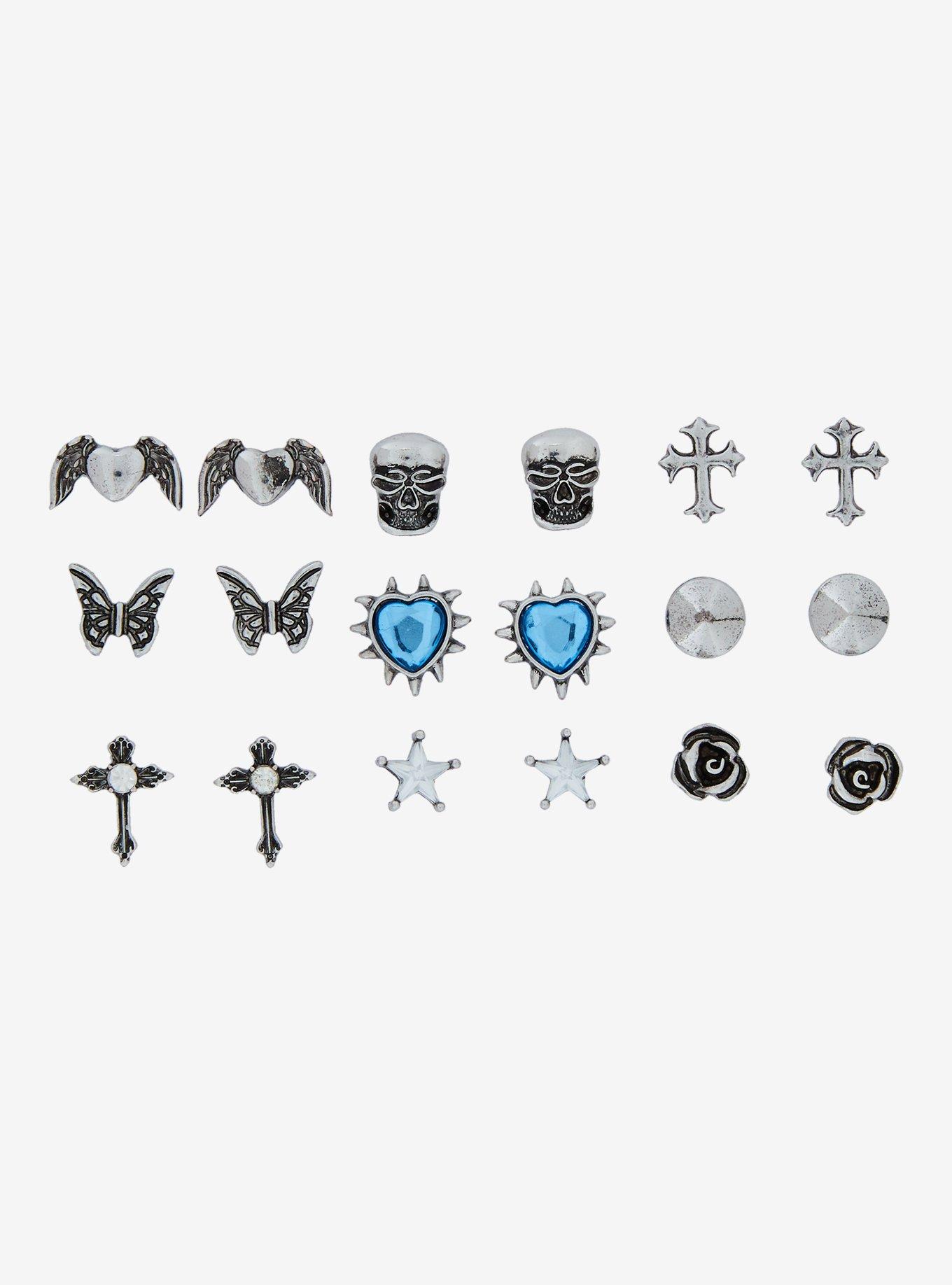 Social Collision Skull Cross Heart Stud Earring Set, , hi-res