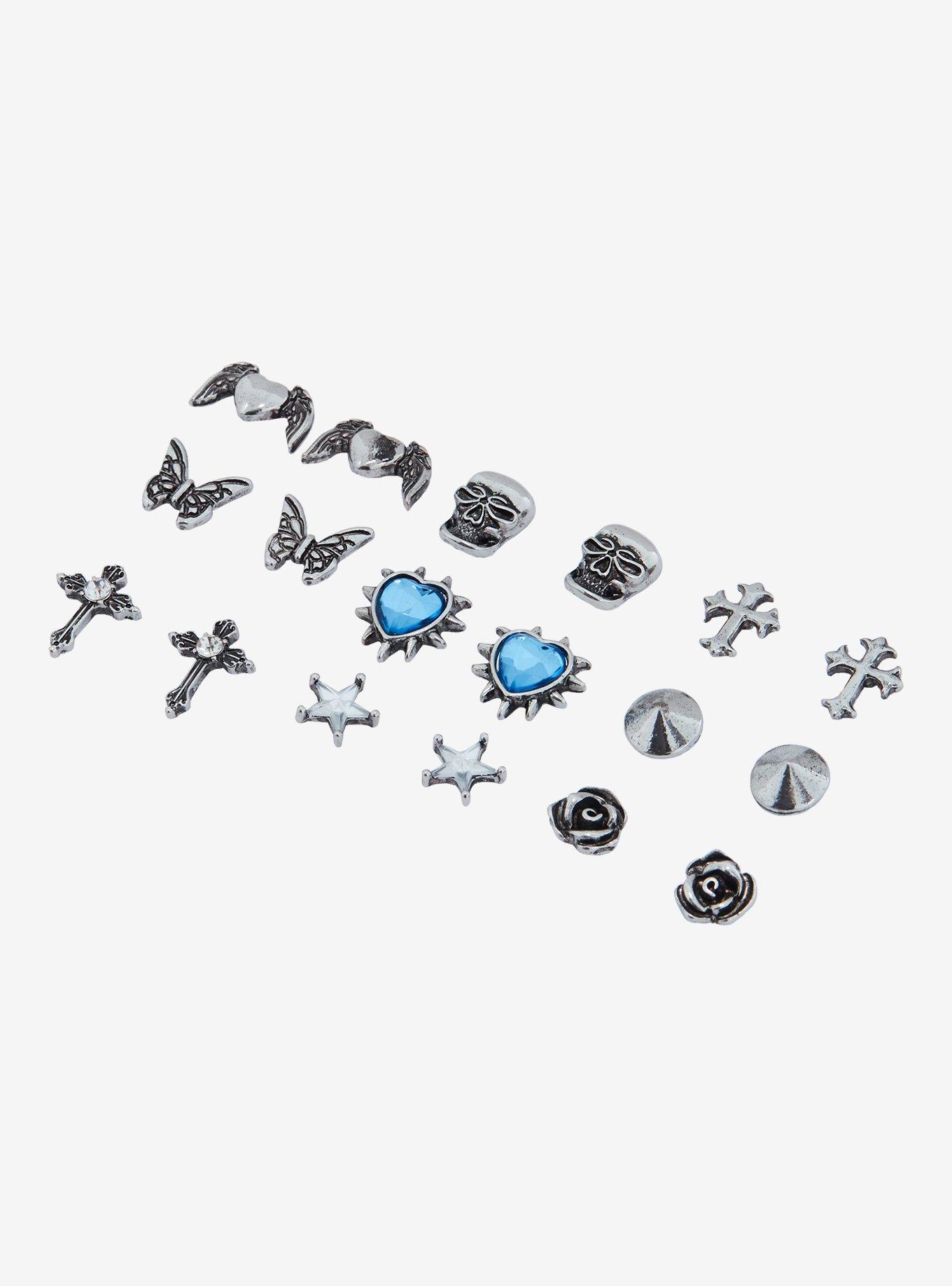 Social Collision Skull Cross Heart Stud Earring Set, , alternate