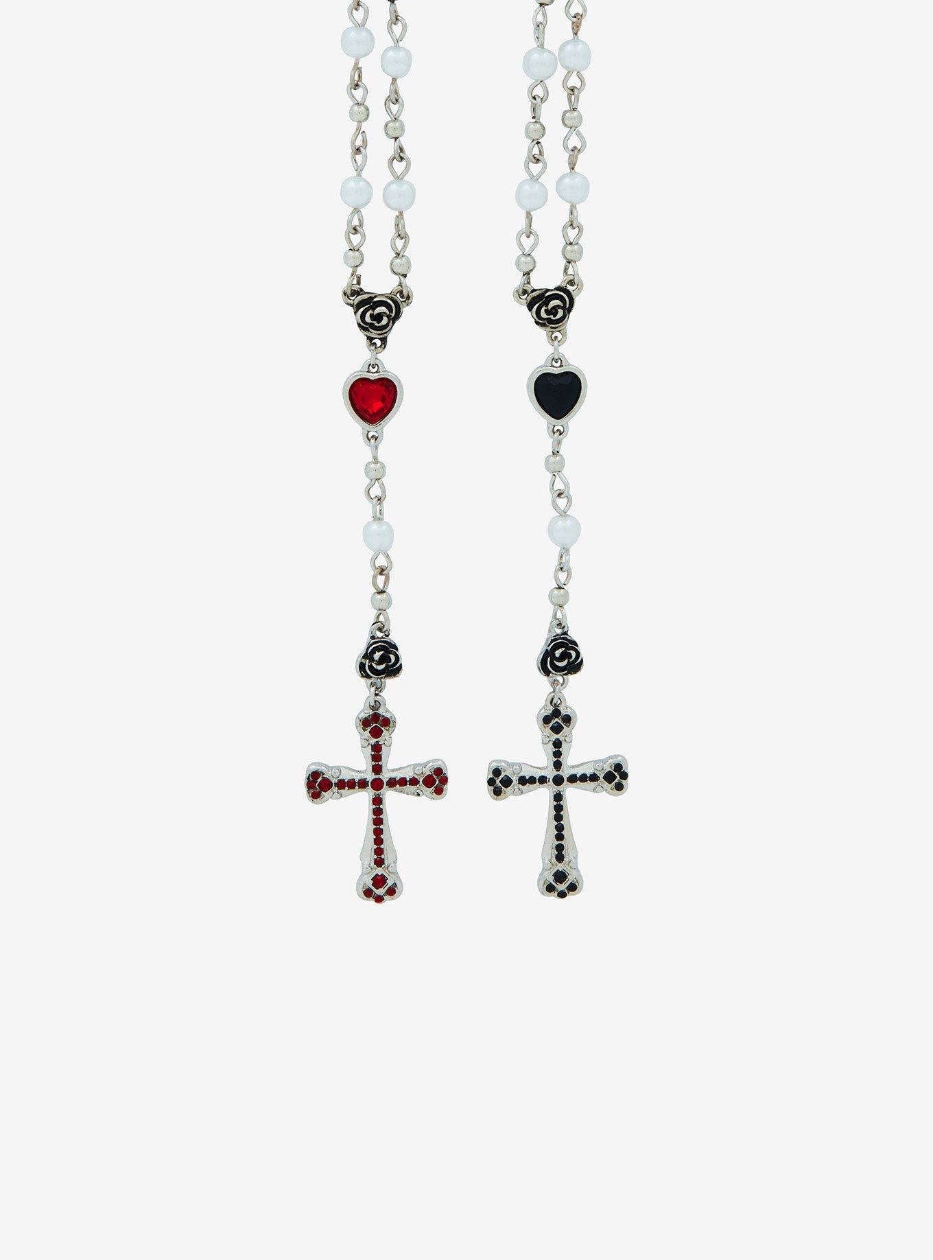 Social Collision Cross Heart Rosary Best Friend Necklace Set, , alternate