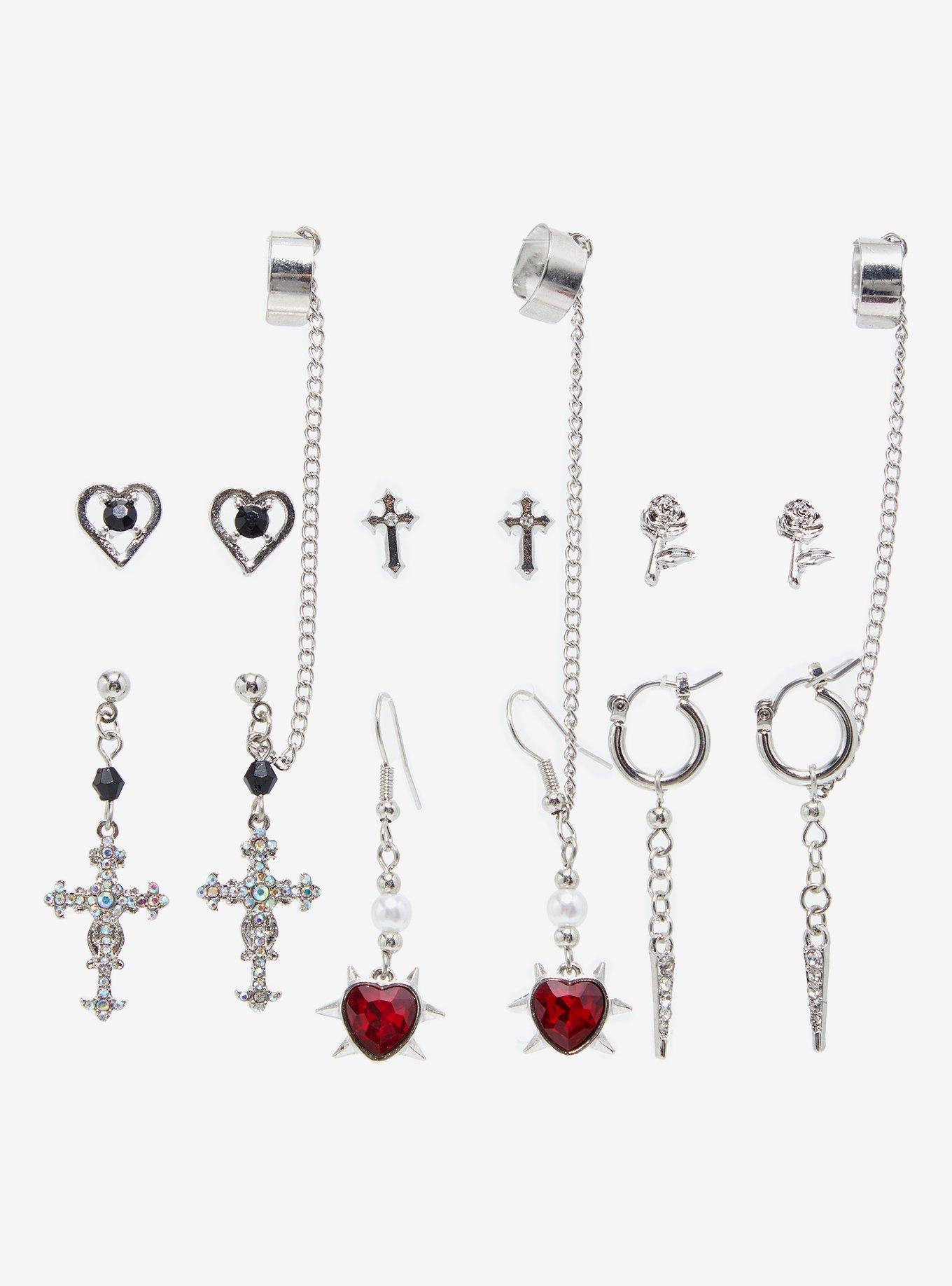 Social Collision Heart Spike Cross Cuff Earring Set, , hi-res