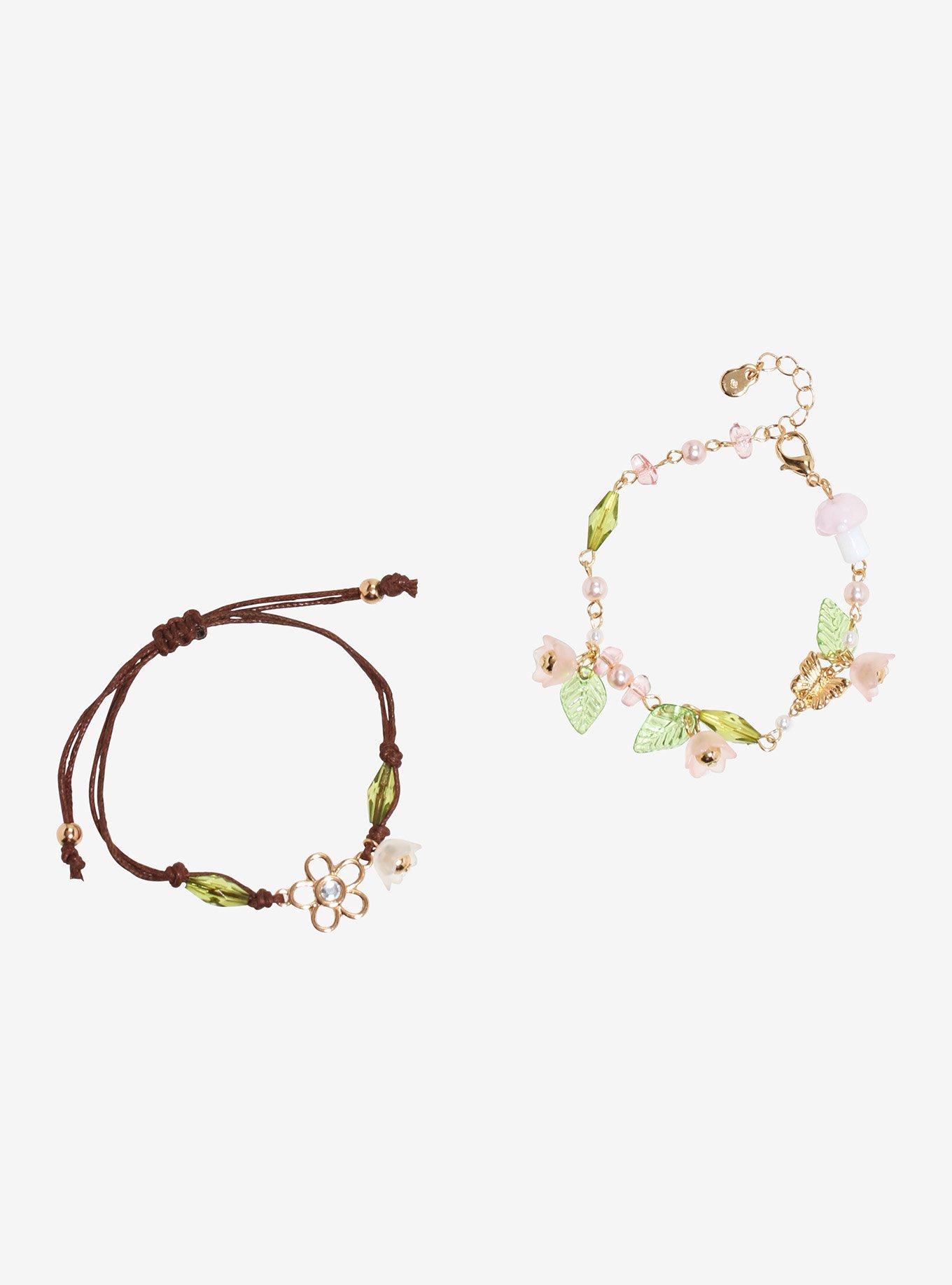 Thorn & Fable Pink Flower Leaf Bracelet Set, , hi-res