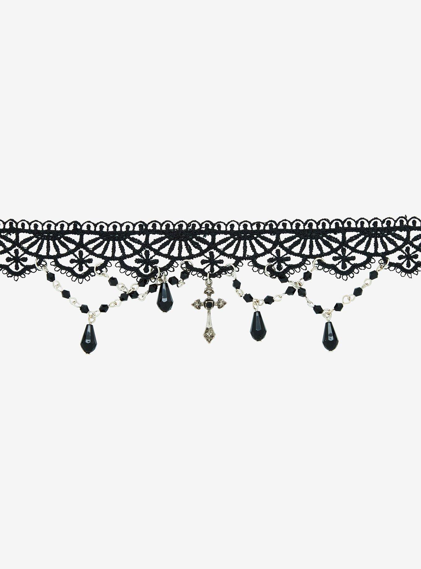 Cosmic Aura Cross Gem Black Lace Choker, , alternate