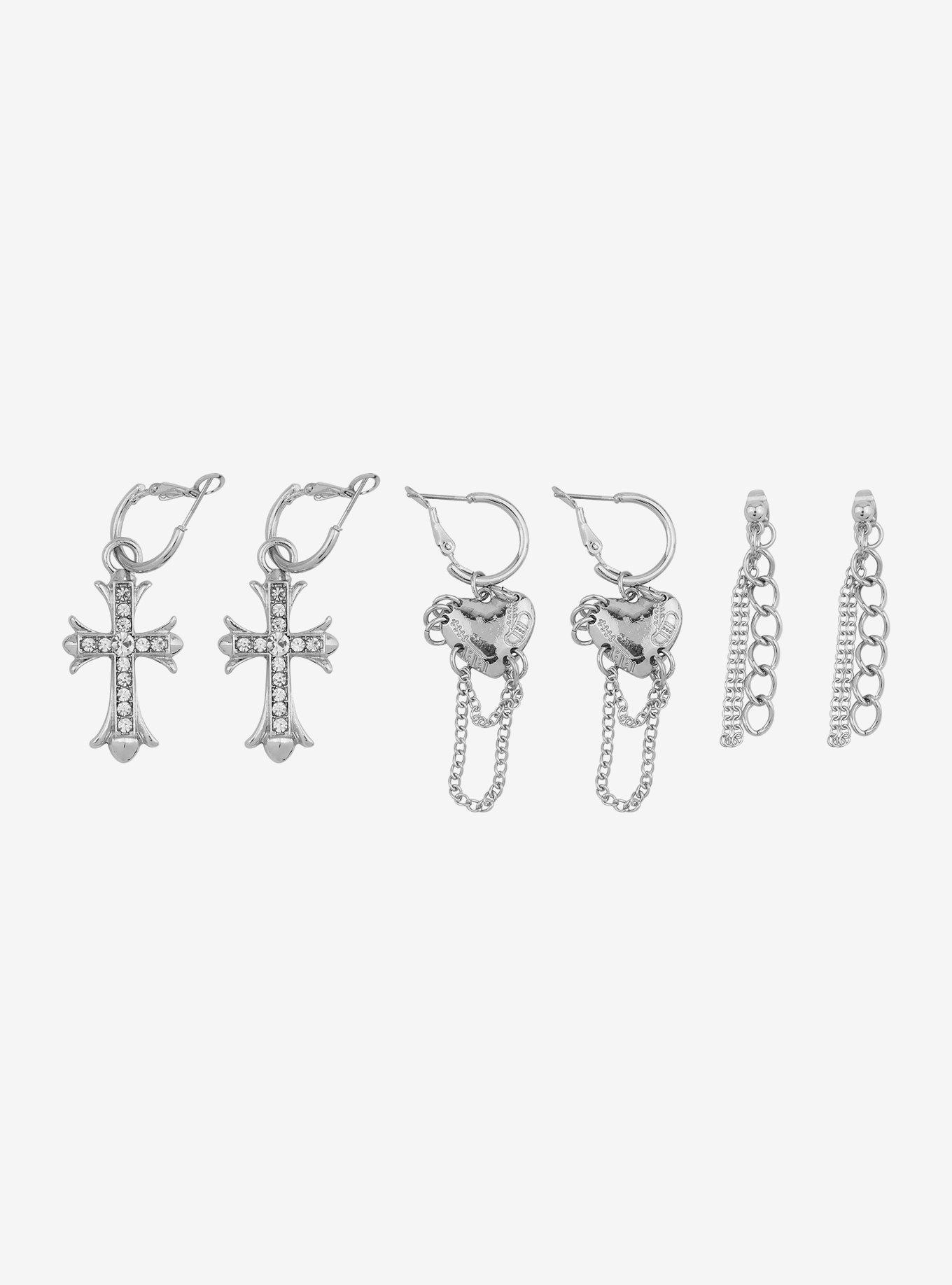 Social Collision Cross Heart Chain Bling Drop Earring Set, , hi-res