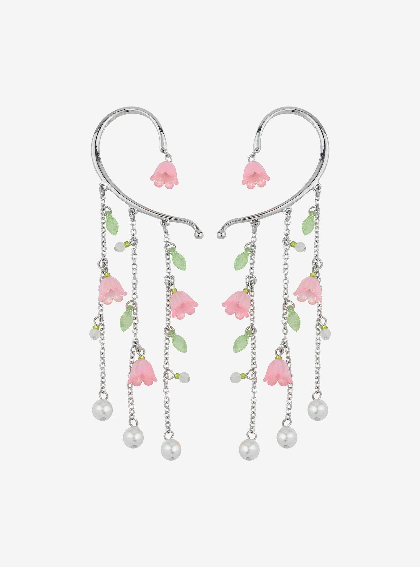 Thorn & Fable Pink Flower Pearl Cuff Earring Set