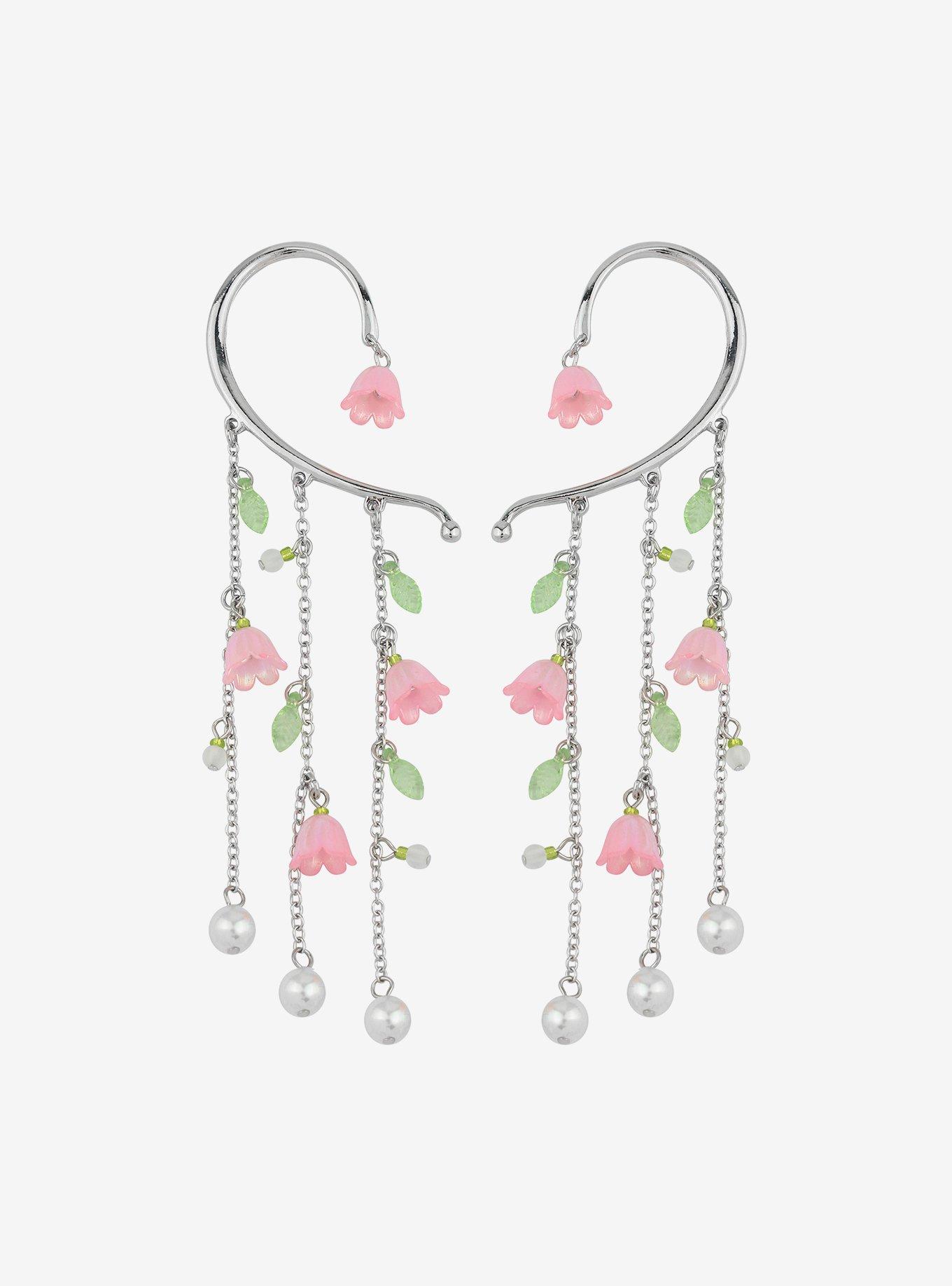 Thorn & Fable Pink Flower Pearl Cuff Earring Set, , hi-res