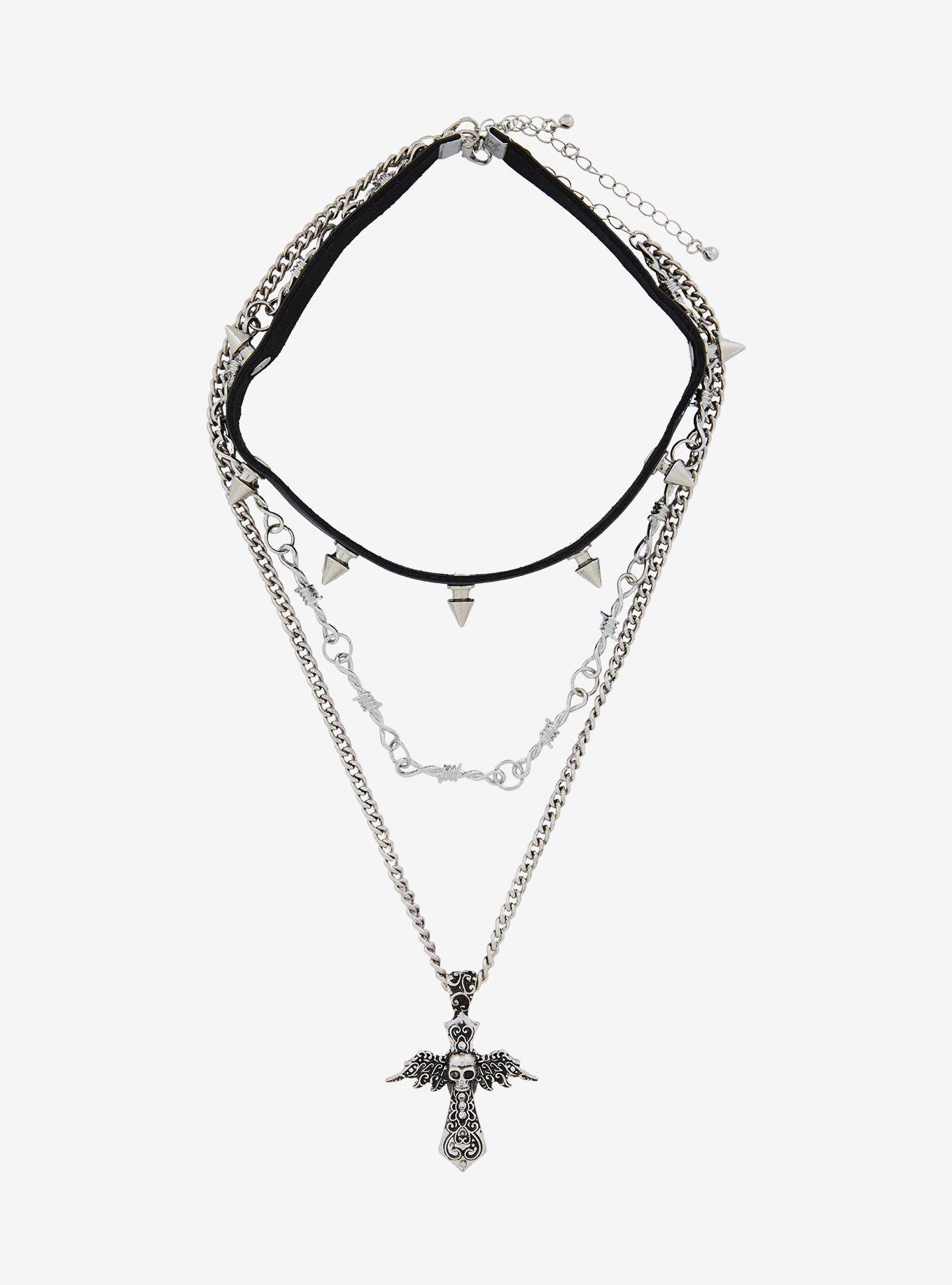 Social Collision Winged Skull Cross Necklace Set