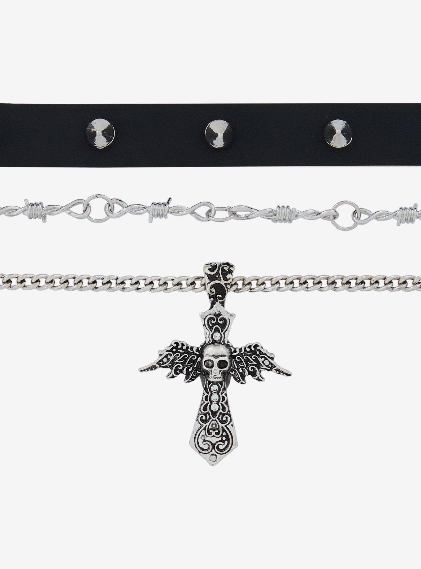 Social Collision Winged Skull Cross Necklace Set, , alternate