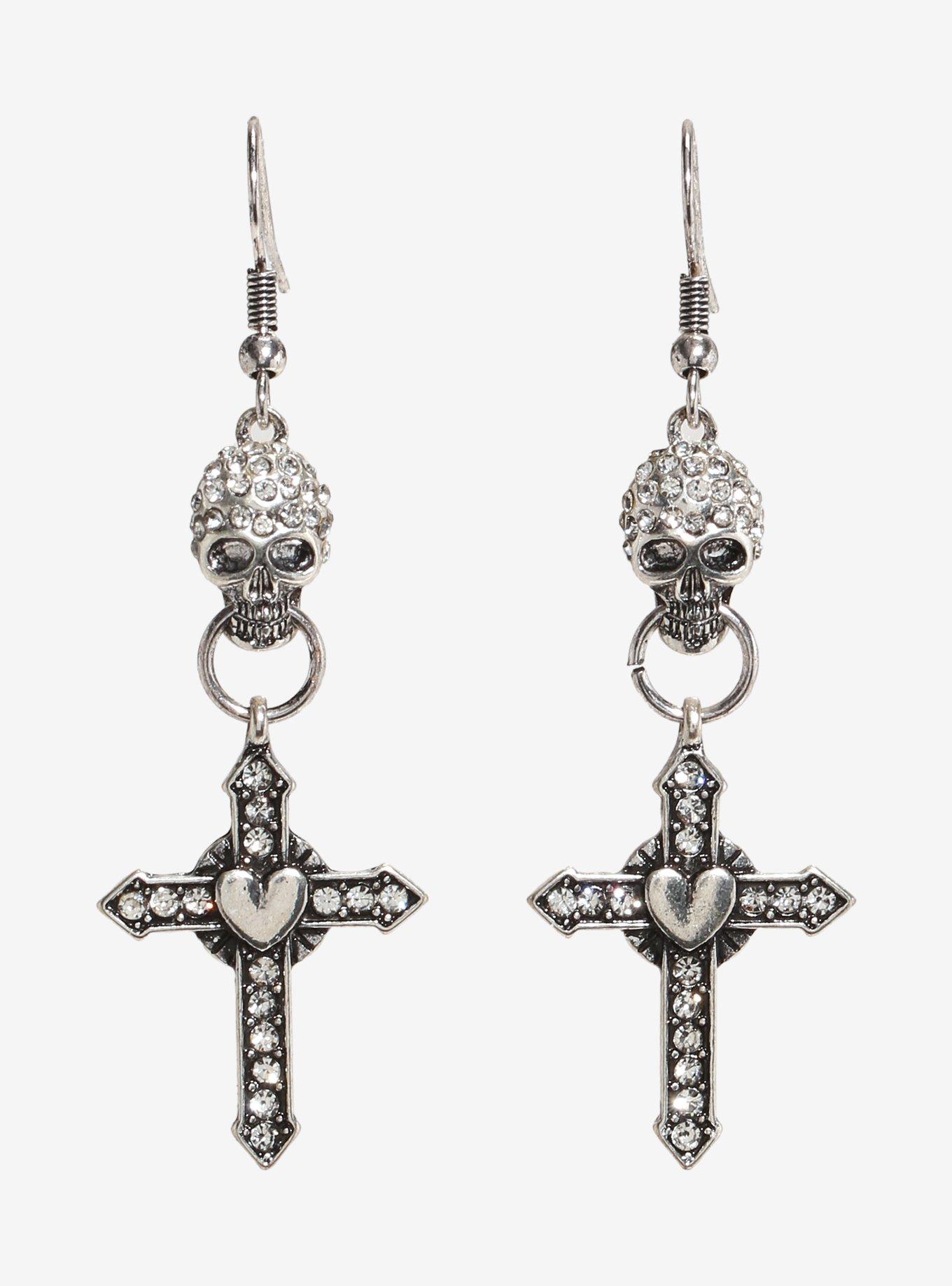 Social Collision Rhinestone Skull & Cross Drop Earrings, , hi-res