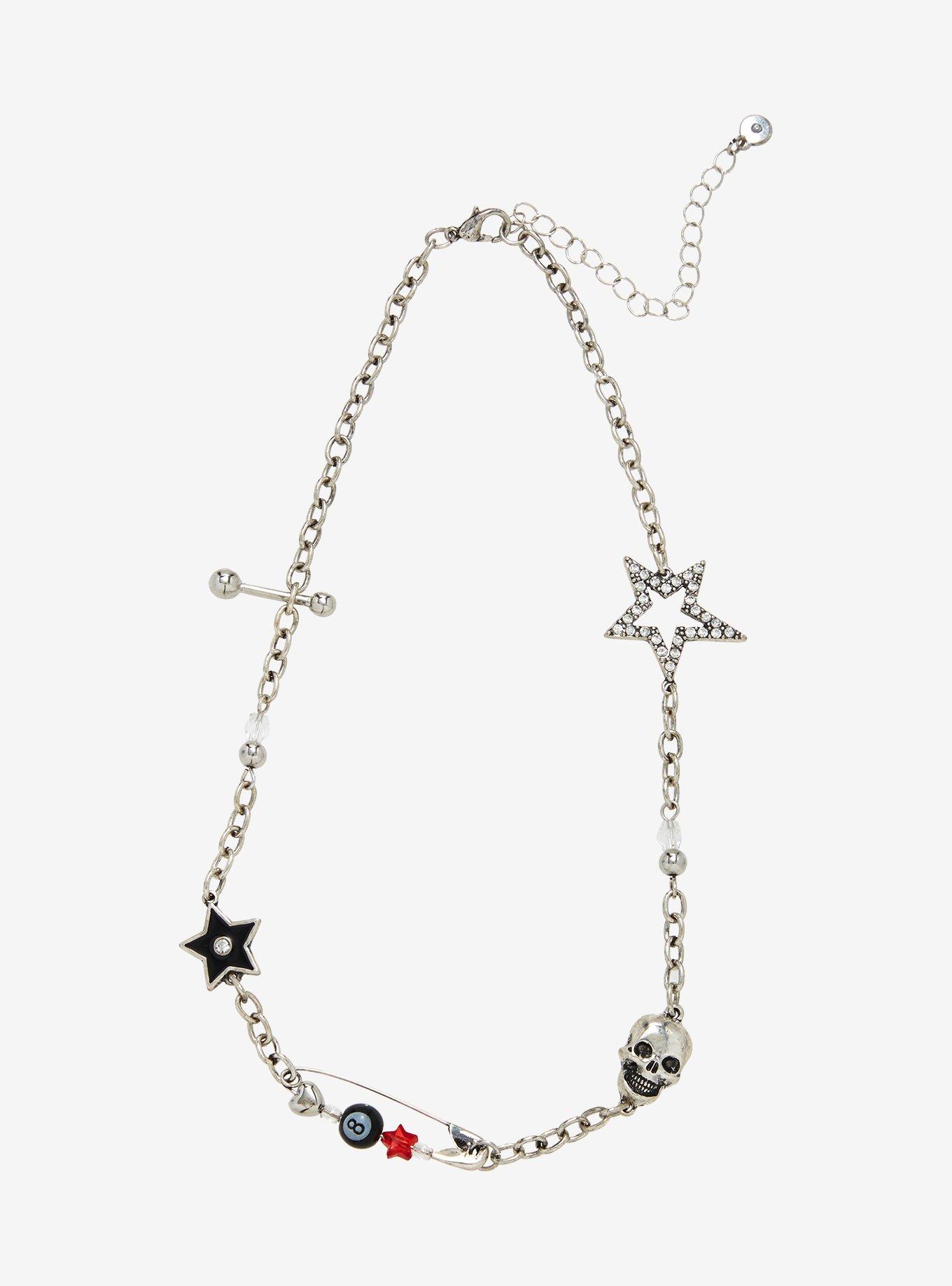 Social Collision Bling Star Skull Charm Necklace, , hi-res