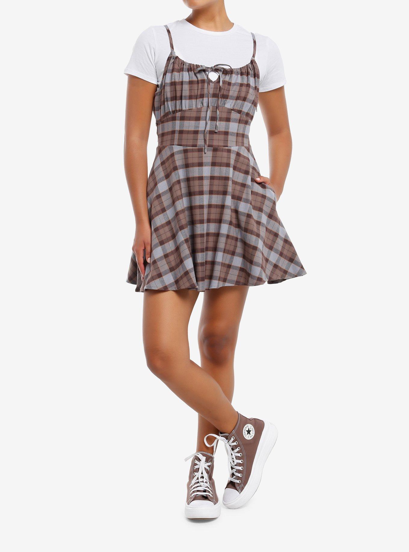 Thorn & Fable Brown & Grey Plaid Twofer Dress, , hi-res