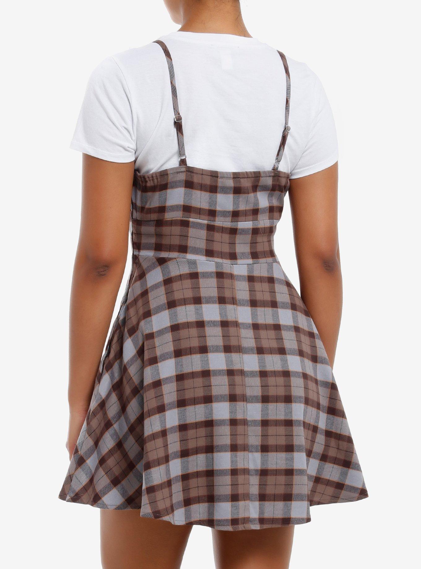 Thorn & Fable Brown & Grey Plaid Twofer Dress, BLUE, alternate