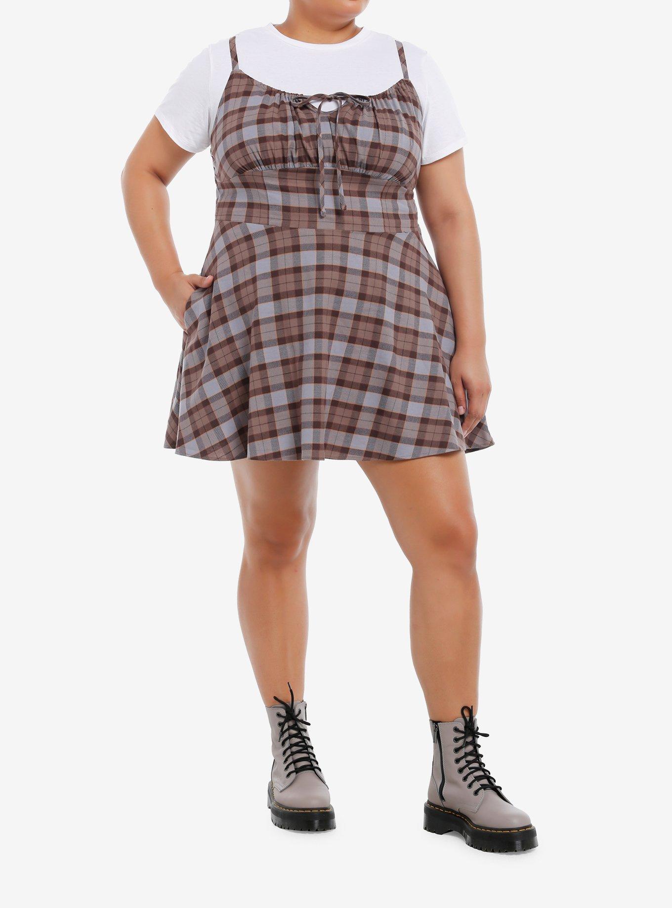 Thorn & Fable Brown Grey Plaid Twofer Dress Plus