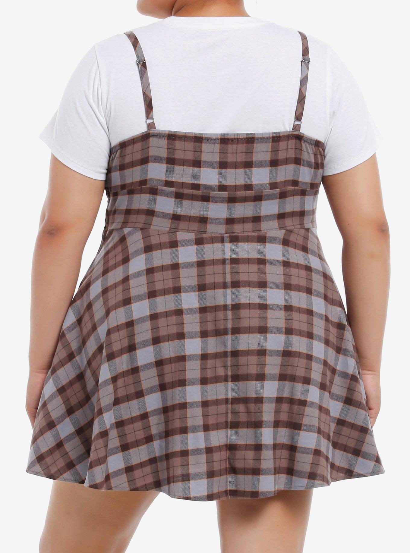 Thorn & Fable Brown Grey Plaid Twofer Dress Plus