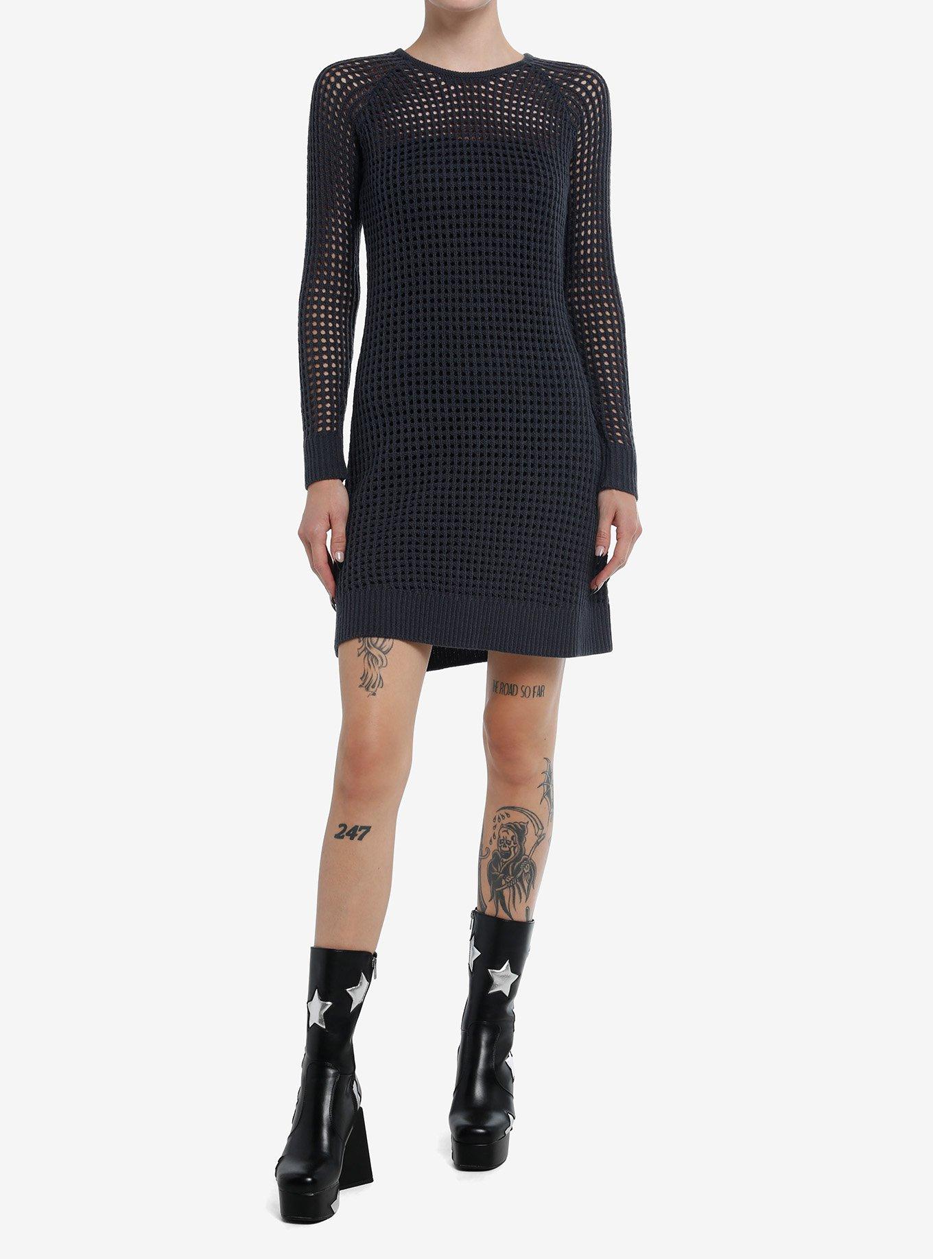 Social Collison Grey Open Knit Sweater Dress, , hi-res