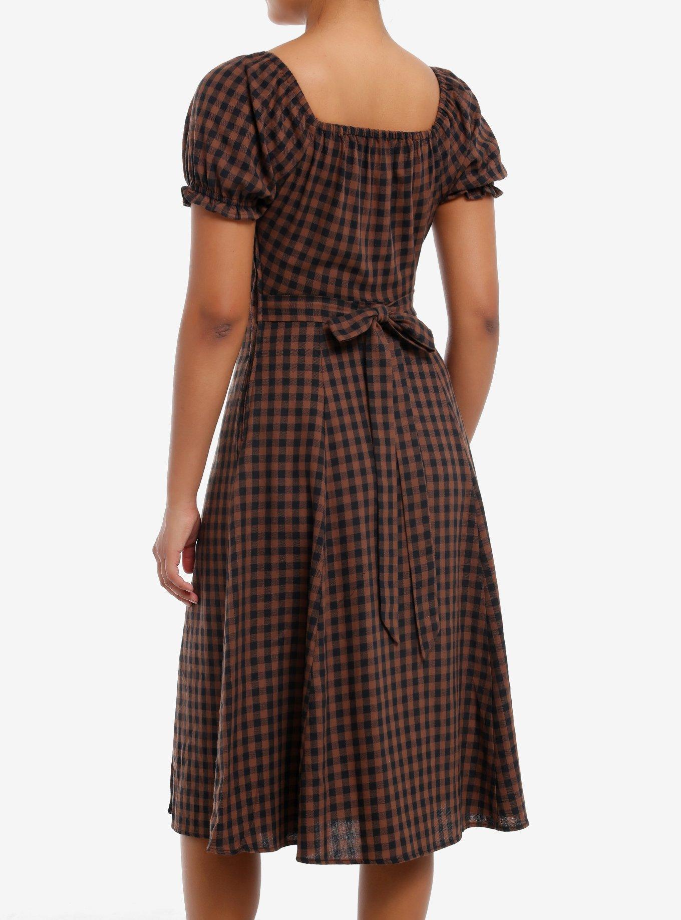 Thorn & Fable Brown & Black Checkered Empire Waist Midi Dress, BLACK, alternate